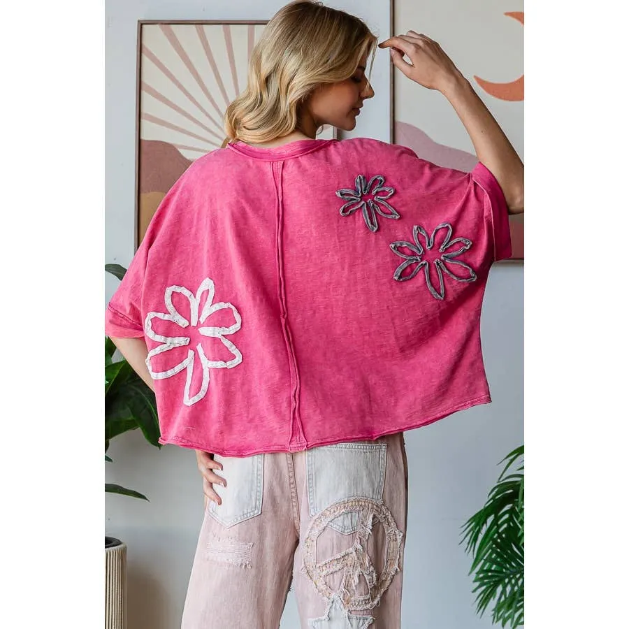 Fuchsia Washed Flower Applique Short Sleeve Knit Oli Hali Top