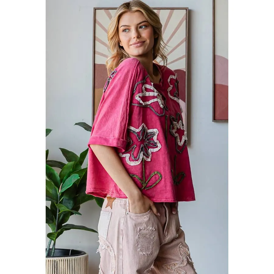 Fuchsia Washed Flower Applique Short Sleeve Knit Oli Hali Top