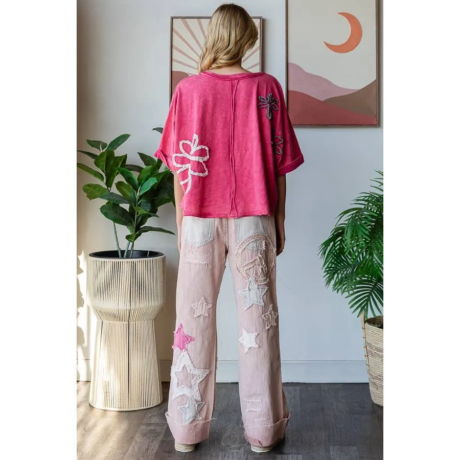 Fuchsia Washed Flower Applique Short Sleeve Knit Oli Hali Top