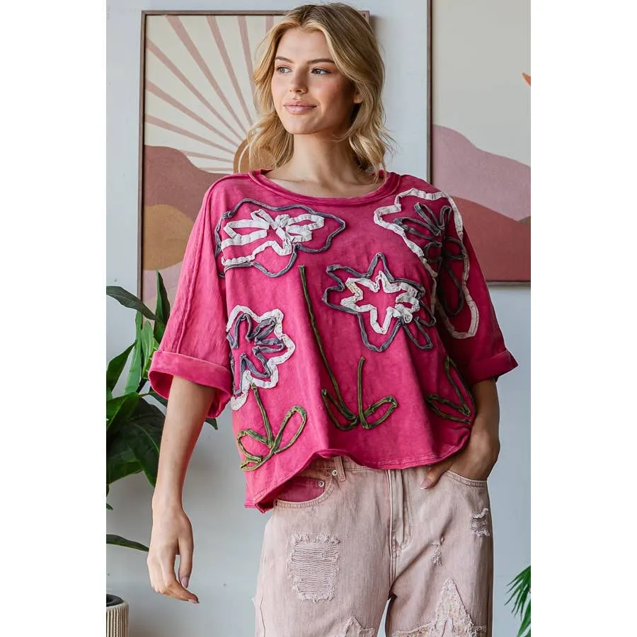 Fuchsia Washed Flower Applique Short Sleeve Knit Oli Hali Top