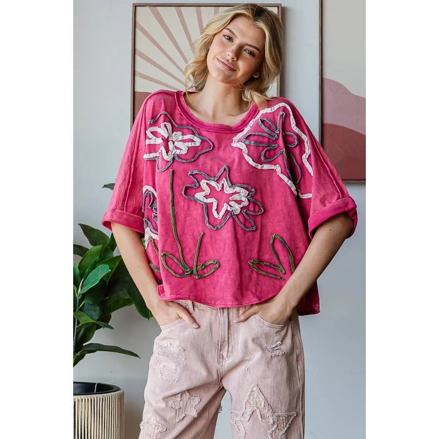 Fuchsia Washed Flower Applique Short Sleeve Knit Oli Hali Top