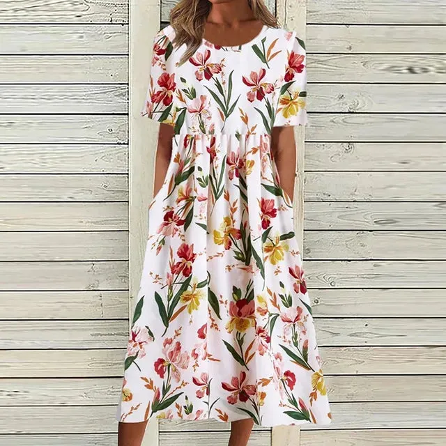 Geblümtes Midikleid mit Taschen und Rundhalsausschnitt - Sophie