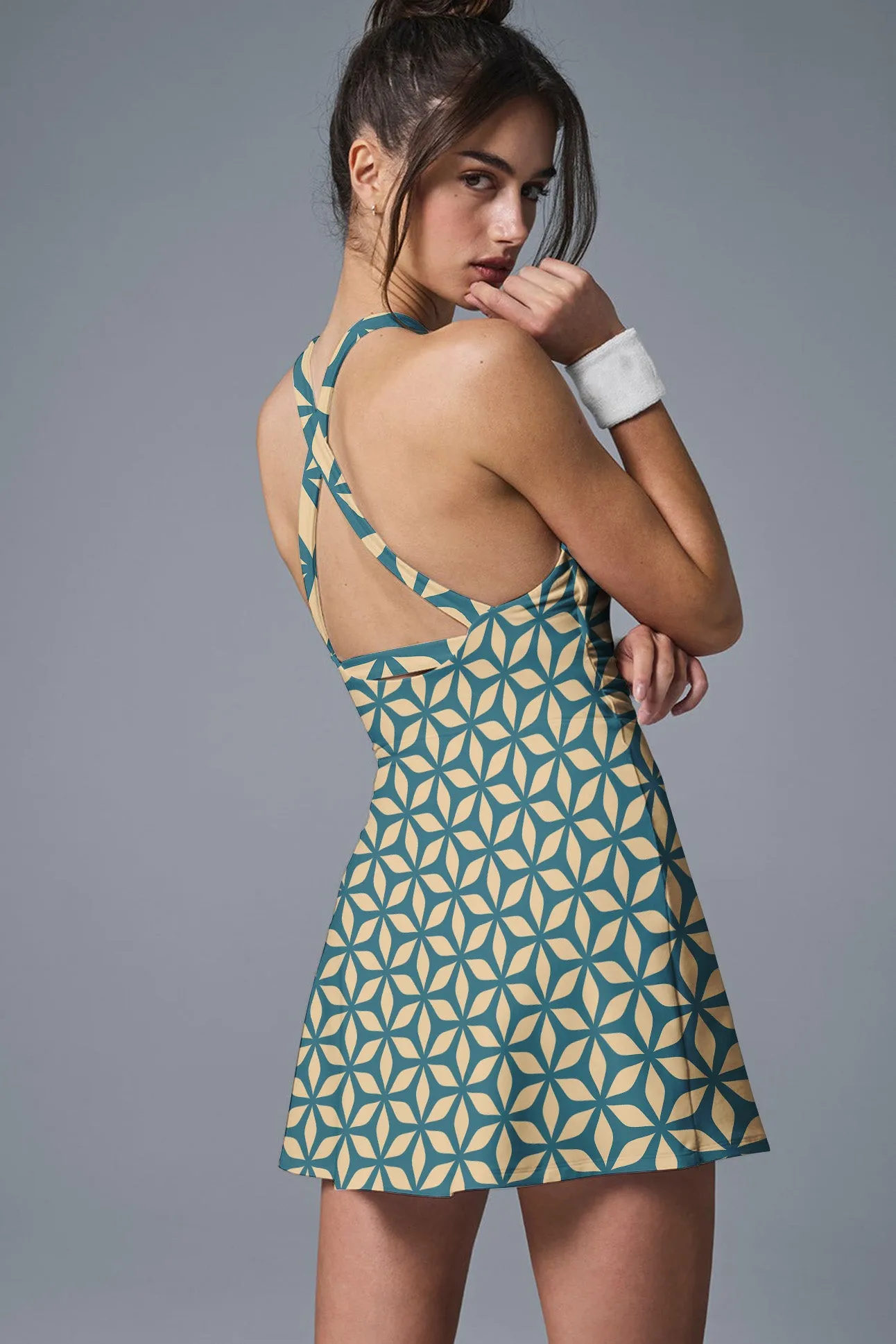 GeoAce Serve Dress – Racerback Tennis Dress in Turquoise Petal Grid