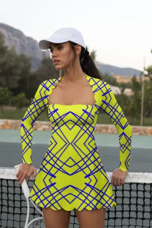 GeoGlow Luxe Dress – Neon Yellow & Blue Geometric Long-Sleeve Tennis Dress