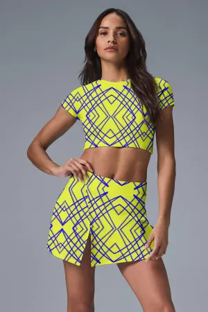 GeoGlow Set – Neon Yellow Grid Pattern Crop Top & Active Skort for Women
