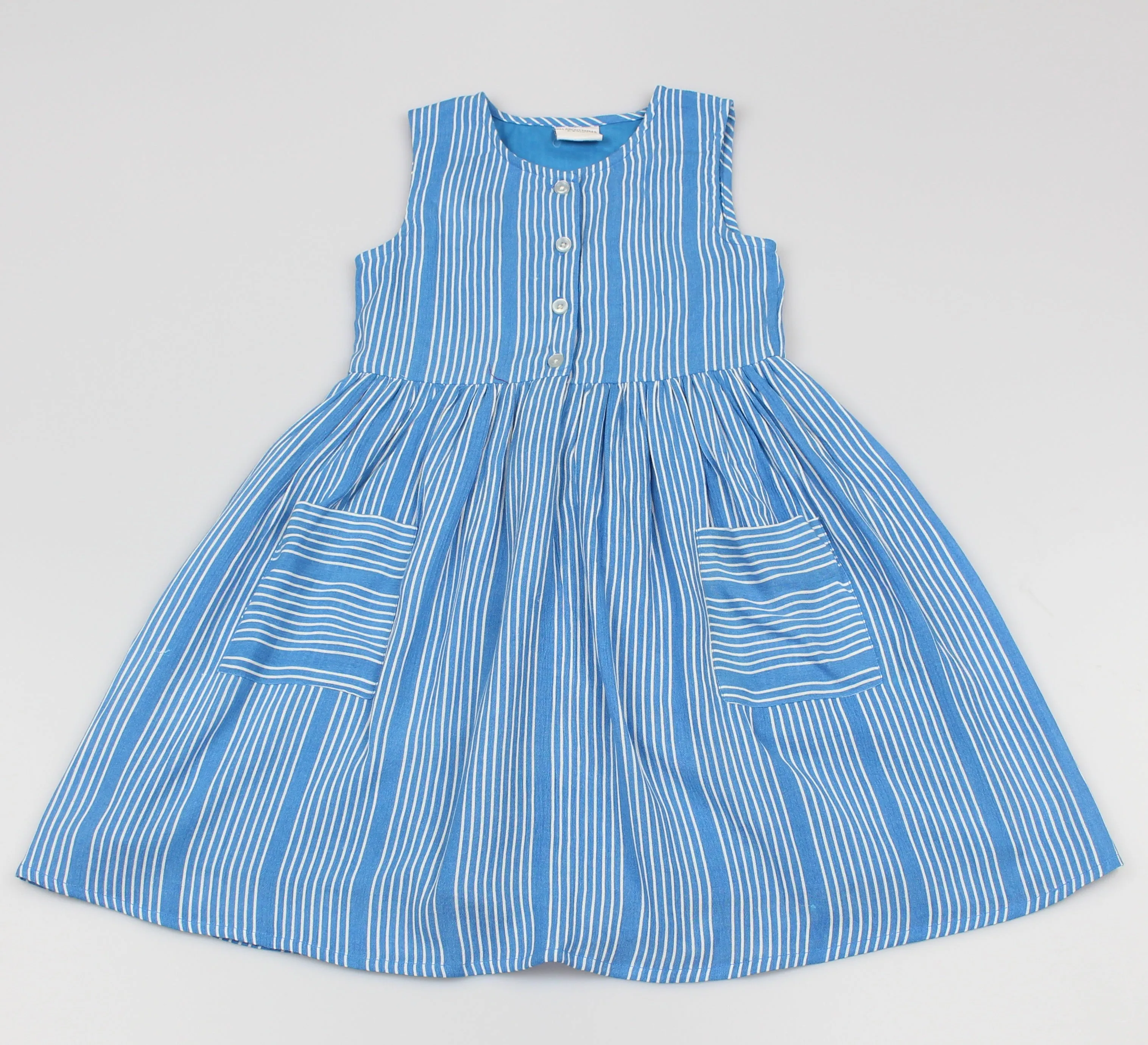 Girls All Over Print Bright Blue Stripes Dress (3-8 Years0)-GF5116