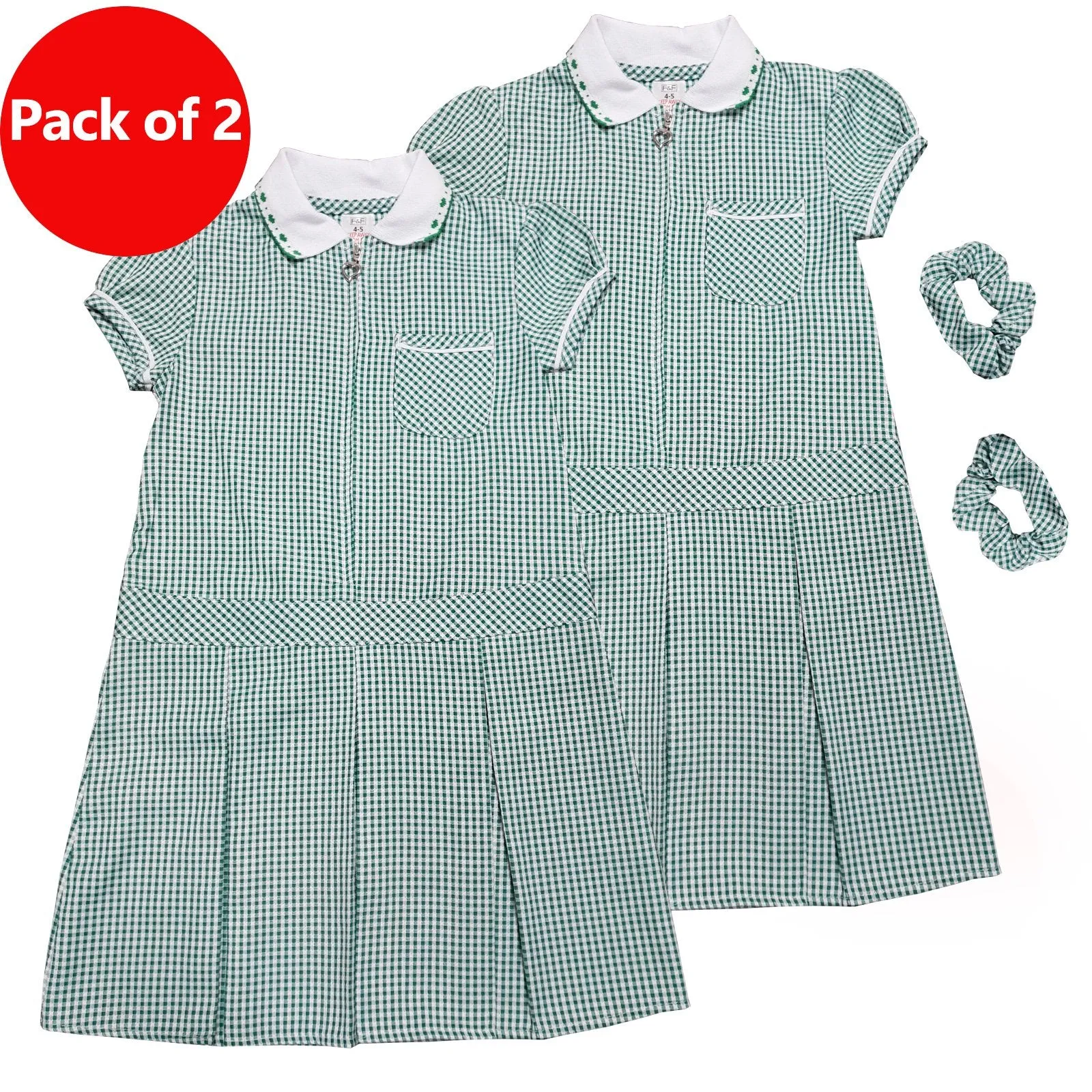 Girls Checked Green School Uniform Pleated Gingham Summer Dress Hair Bobble 6-11 Years