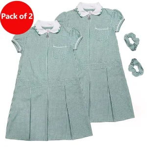 Girls Checked Green School Uniform Pleated Gingham Summer Dress Hair Bobble 6-11 Years