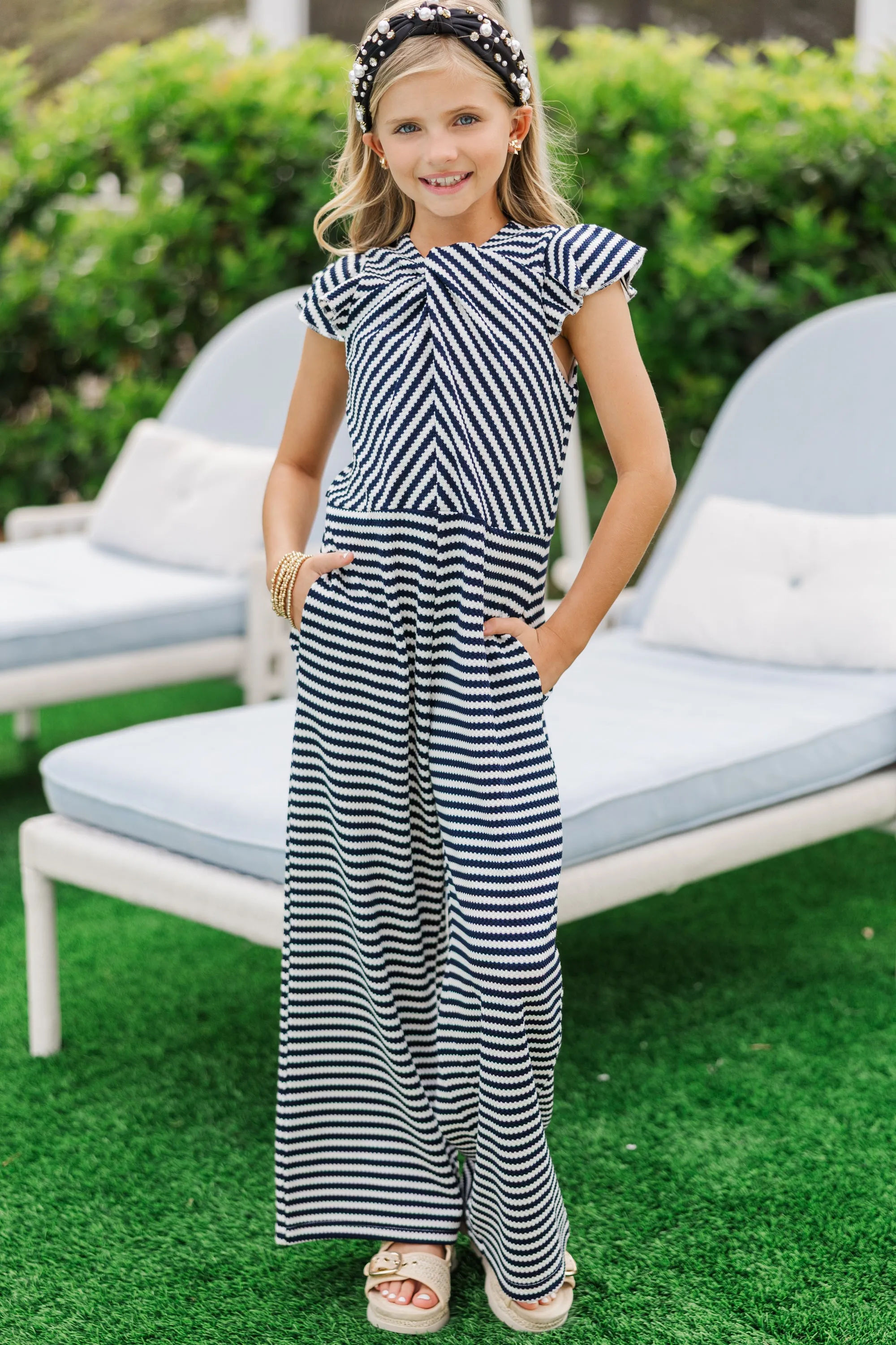 Girls: The Ivey Navy Striped Jumpsuit