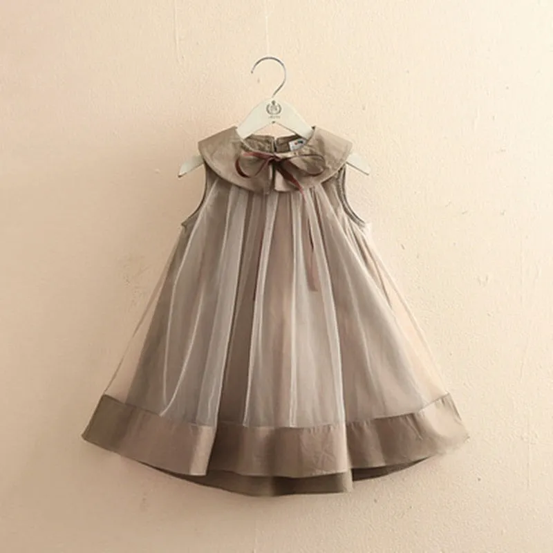 Girls Veil Mesh Peter Pan Collar Sleeveless Dress - Beige