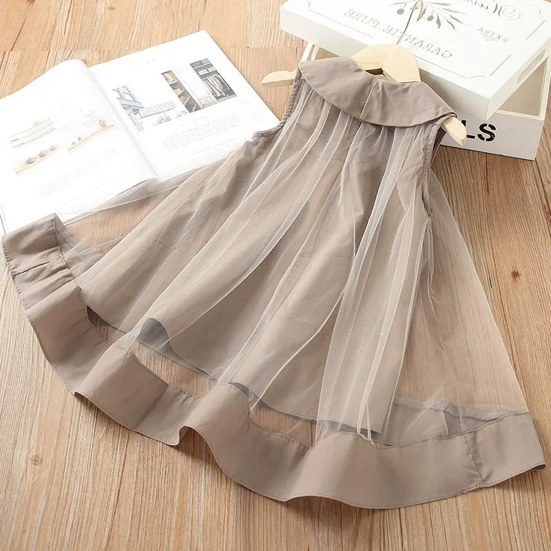 Girls Veil Mesh Peter Pan Collar Sleeveless Dress - Beige
