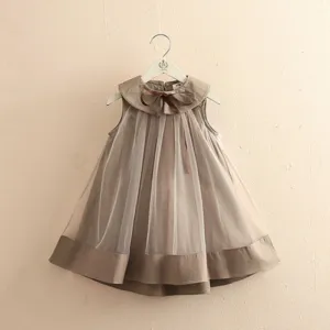 Girls Veil Mesh Peter Pan Collar Sleeveless Dress - Beige