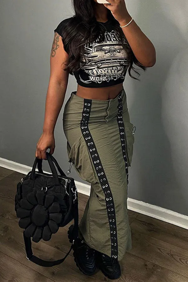 Goosudu Patchwork Eyelets Strappy Urban Patch Pocket Skirt