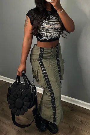 Goosudu Patchwork Eyelets Strappy Urban Patch Pocket Skirt