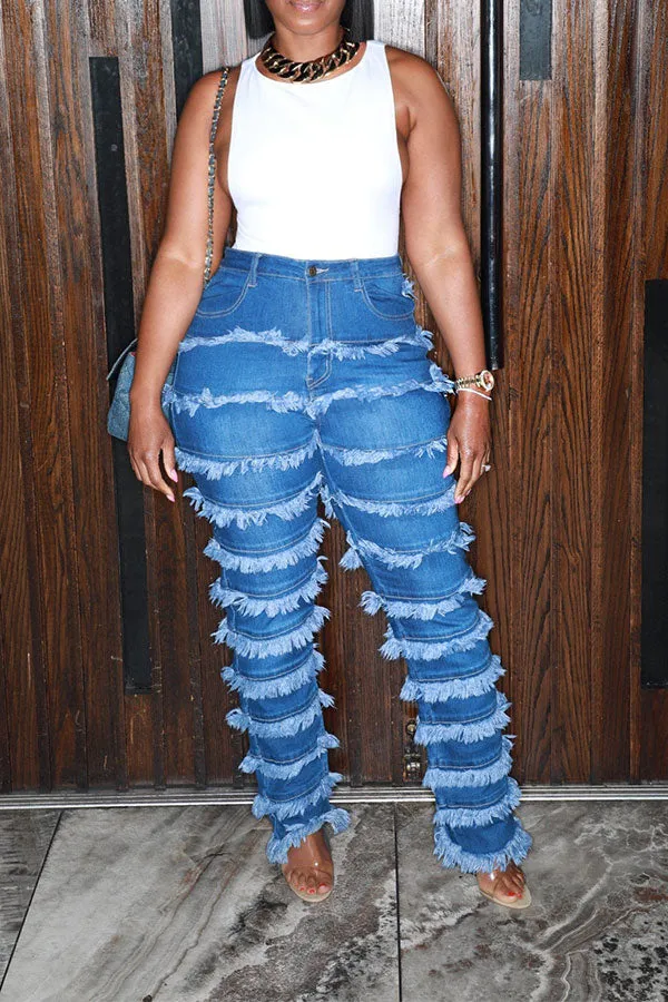 Goosudu Solid Color Urban Burrs Patchwork Jeans