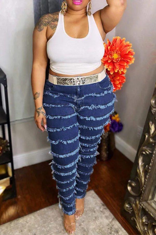 Goosudu Solid Color Urban Burrs Patchwork Jeans