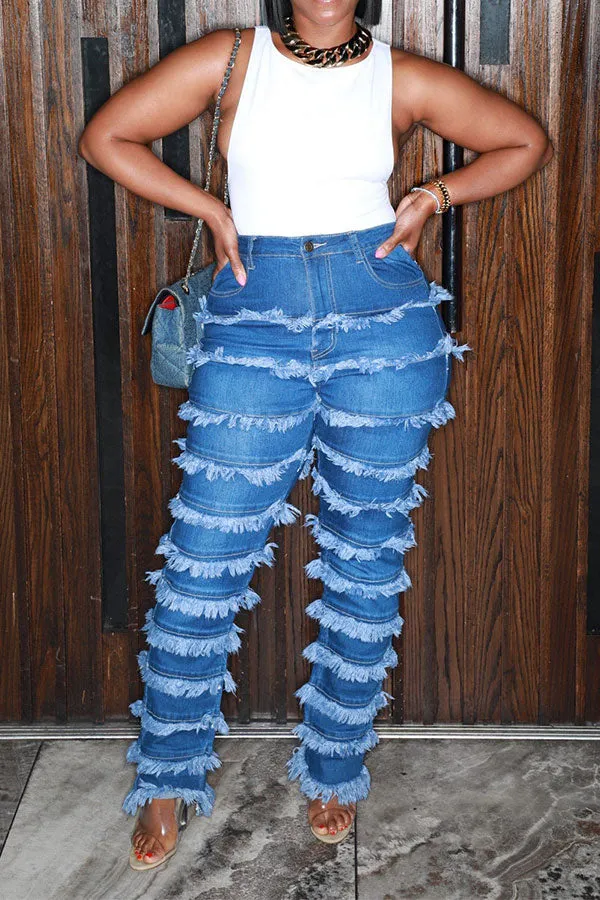Goosudu Solid Color Urban Burrs Patchwork Jeans