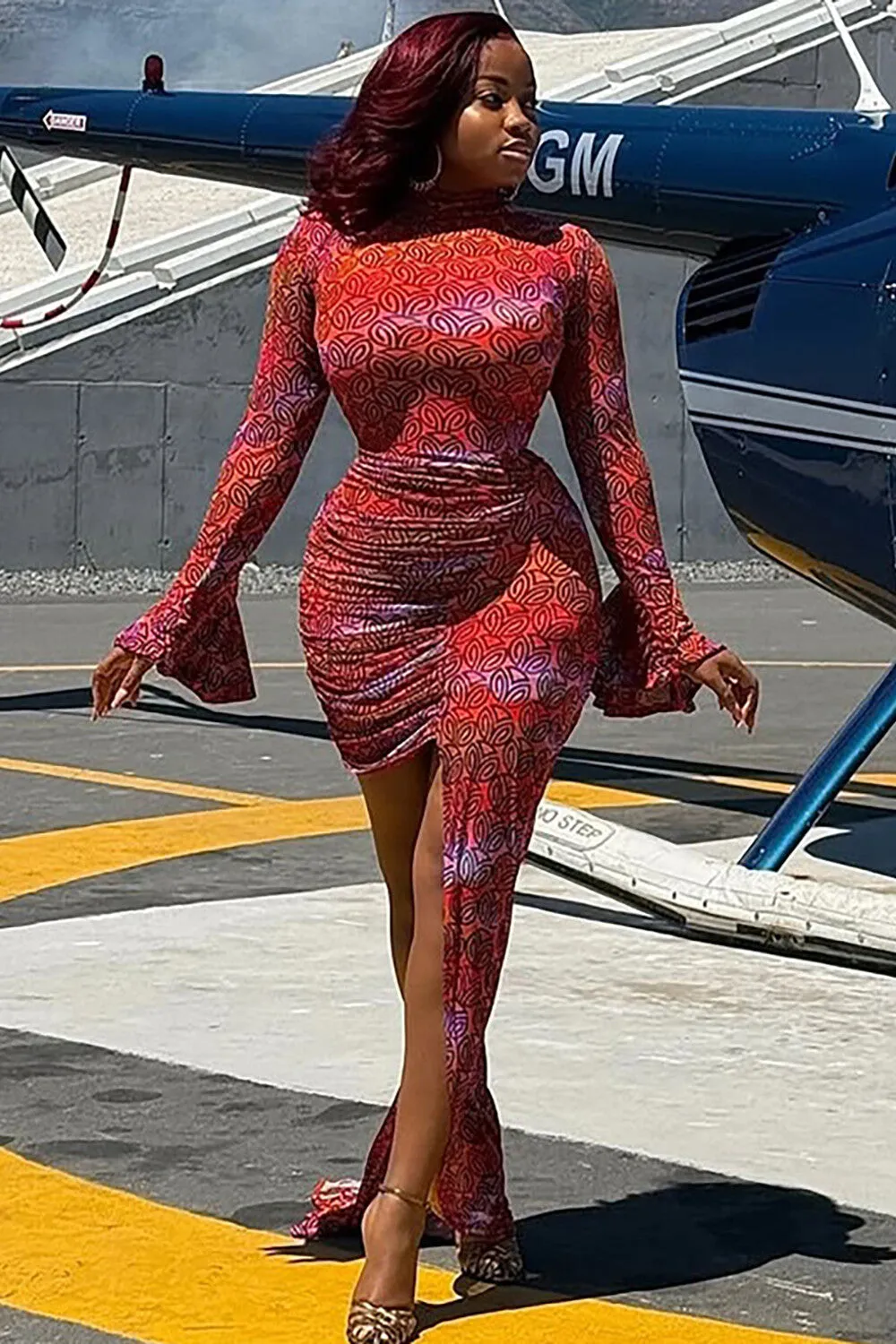 Graphic Print Flare Sleeve Ruched Bodycon Irregular Maxi Dresses-Red