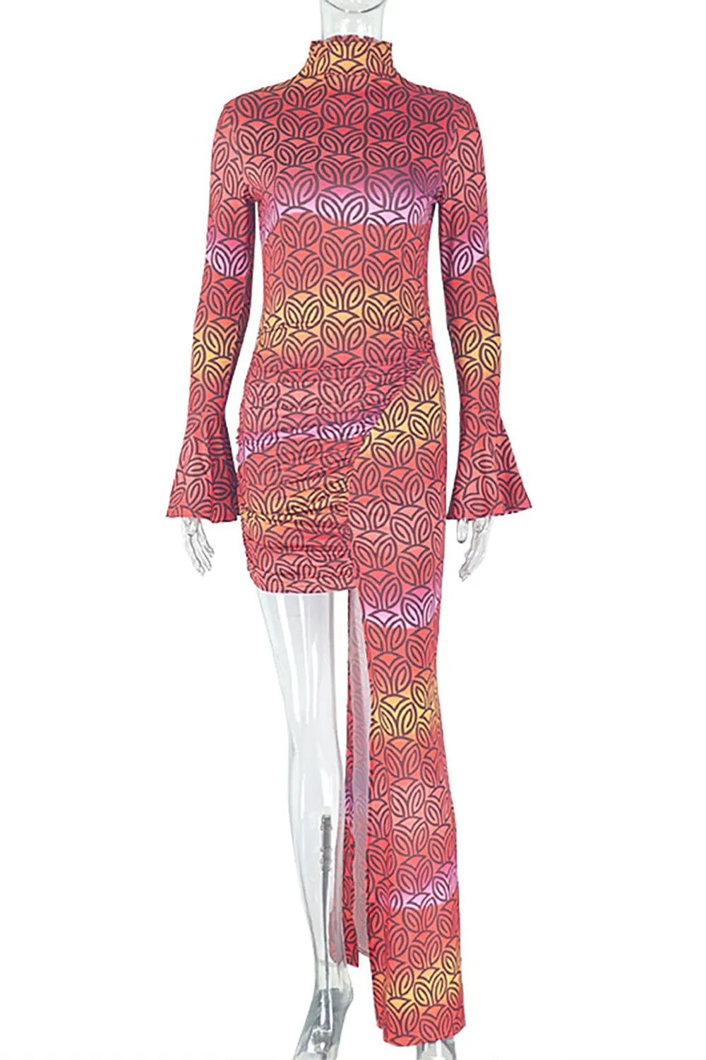 Graphic Print Flare Sleeve Ruched Bodycon Irregular Maxi Dresses-Red