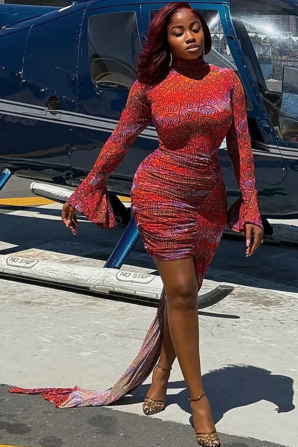Graphic Print Flare Sleeve Ruched Bodycon Irregular Maxi Dresses-Red