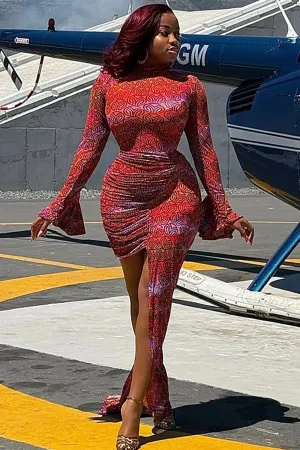 Graphic Print Flare Sleeve Ruched Bodycon Irregular Maxi Dresses-Red