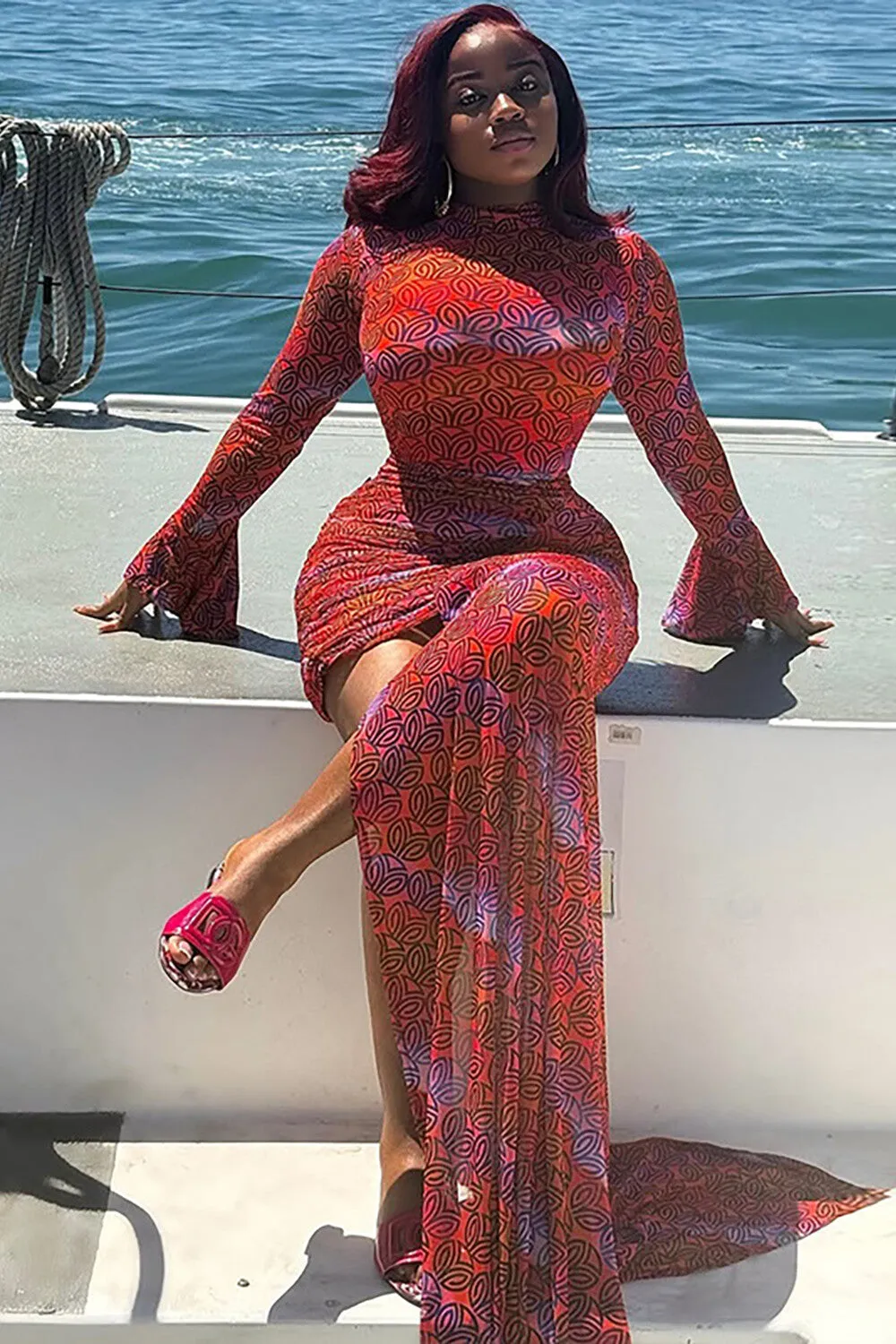 Graphic Print Flare Sleeve Ruched Bodycon Irregular Maxi Dresses-Red