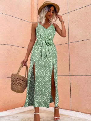 Green Strappy Midi Dress With High Slit