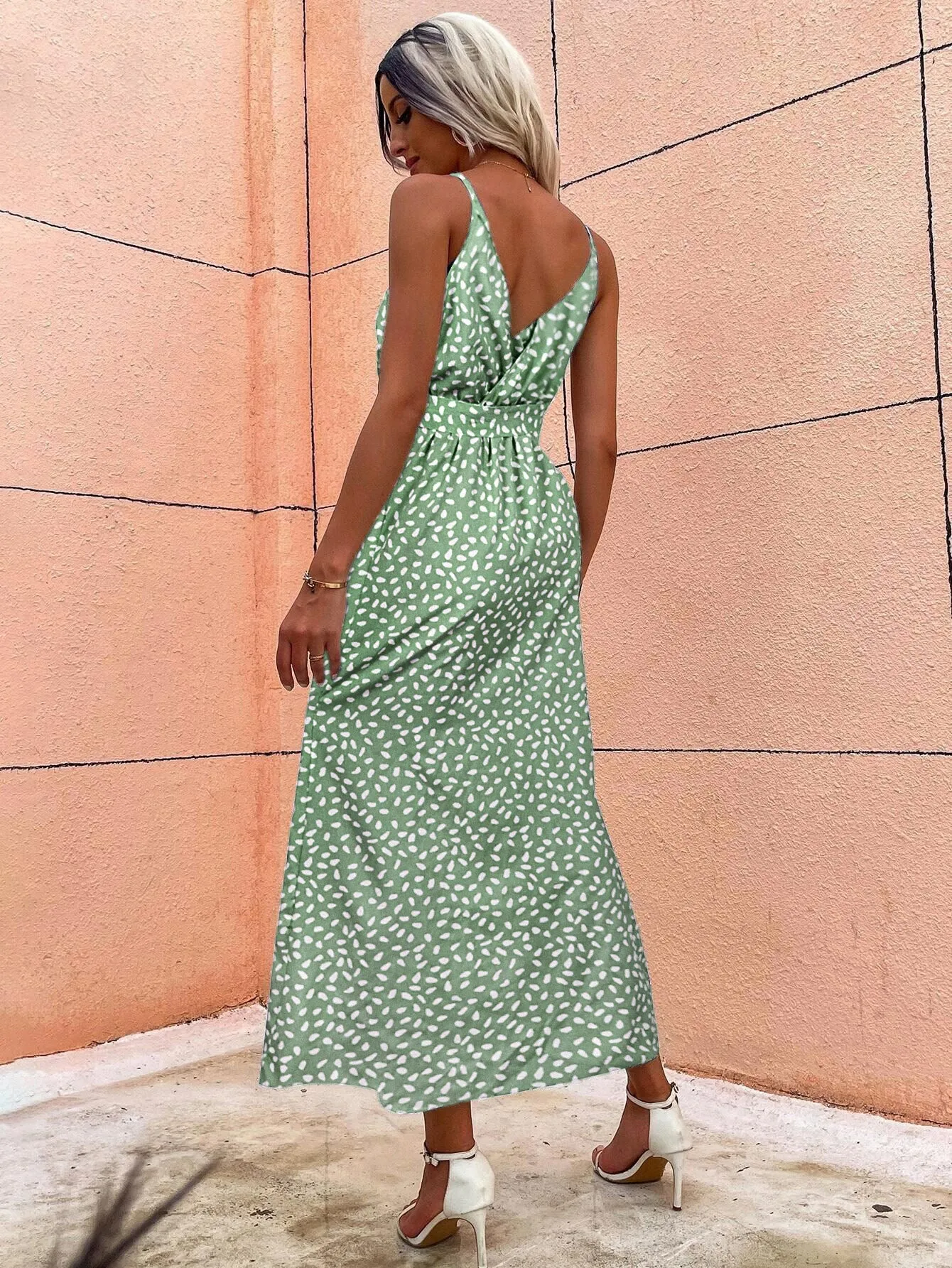 Green Strappy Midi Dress With High Slit
