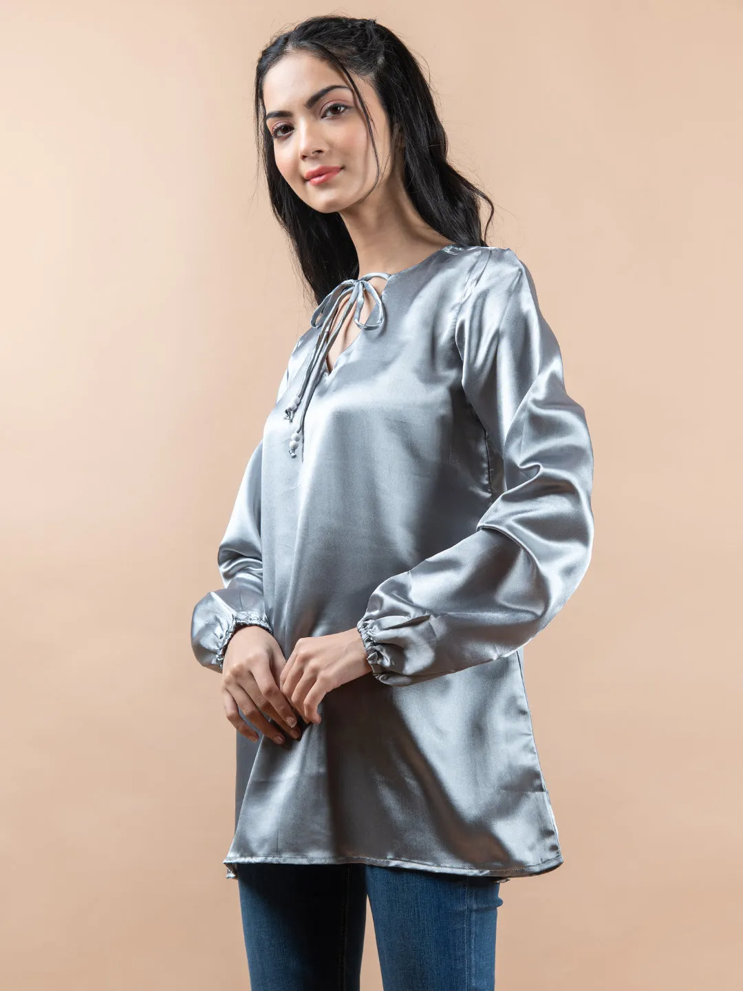 Grey Satin Full Sleeves Top For Women