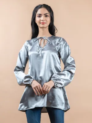 Grey Satin Full Sleeves Top For Women