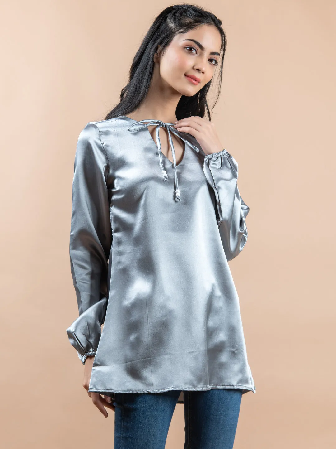 Grey Satin Full Sleeves Top For Women