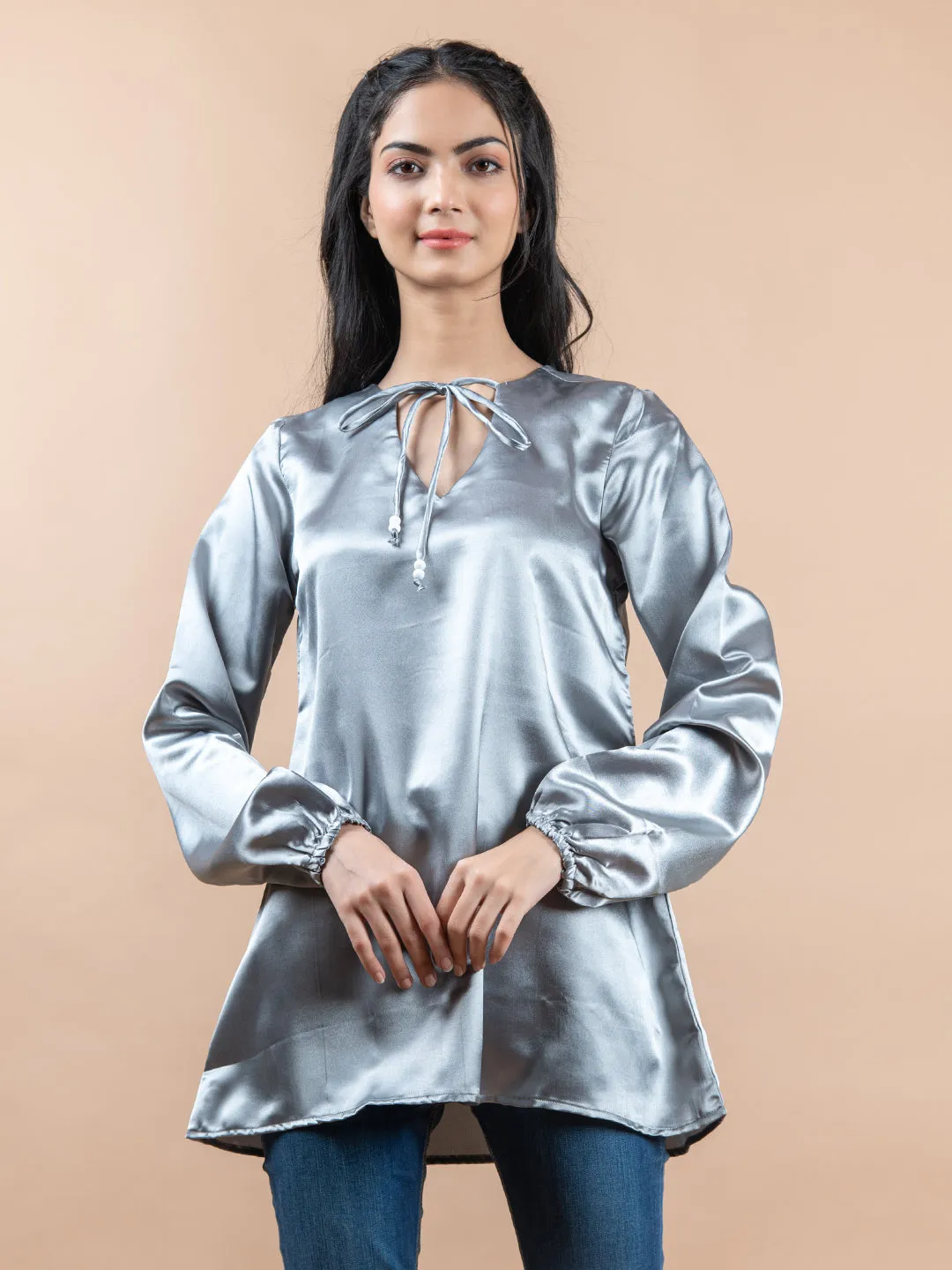 Grey Satin Full Sleeves Top For Women