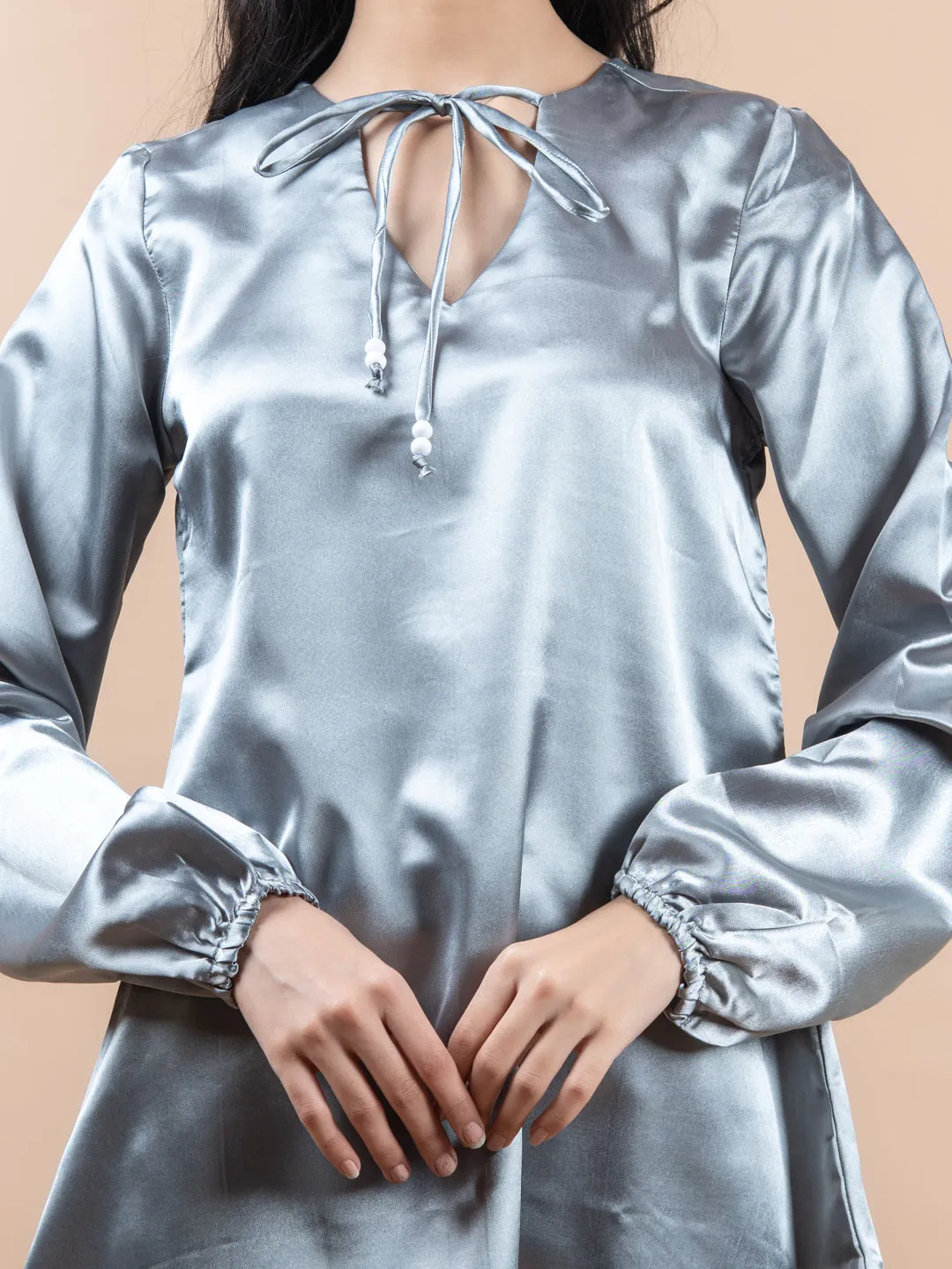 Grey Satin Full Sleeves Top For Women
