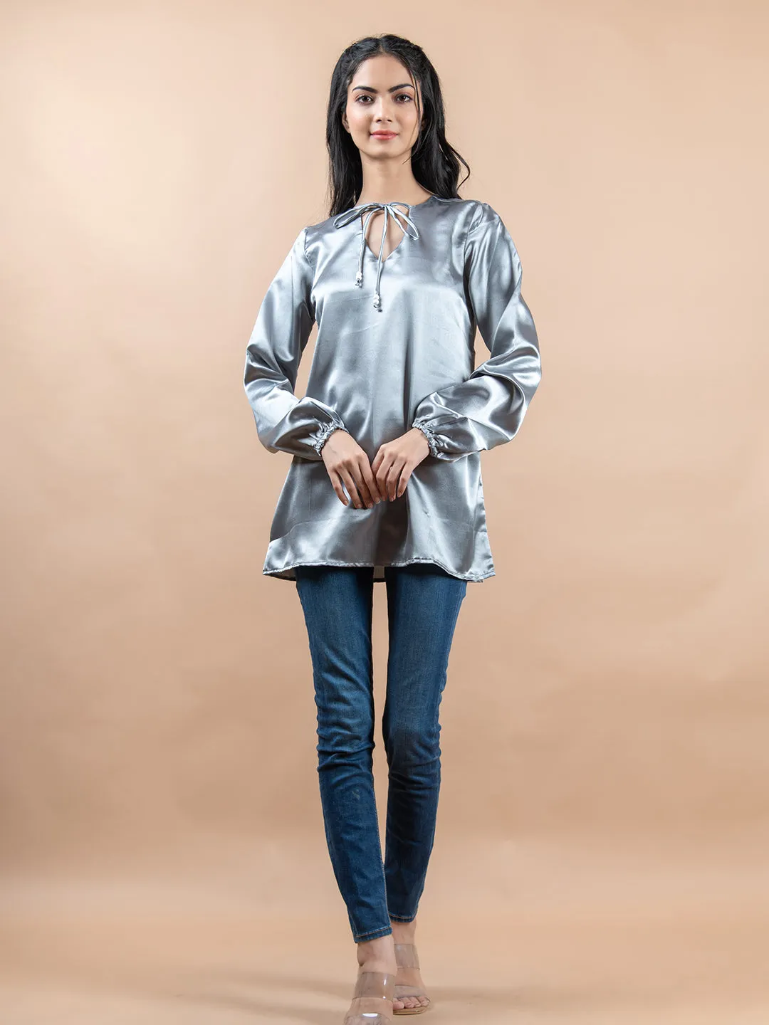 Grey Satin Full Sleeves Top For Women