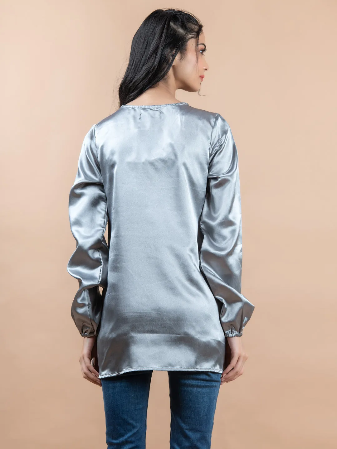 Grey Satin Full Sleeves Top For Women