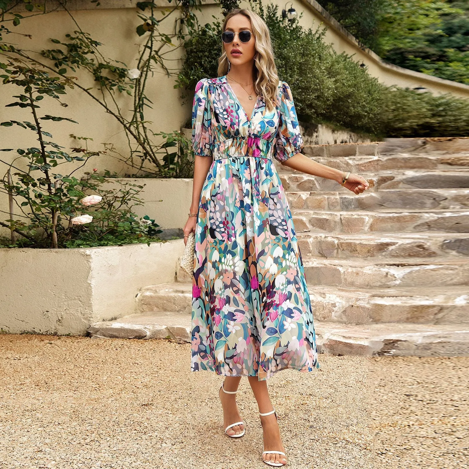Half Puff Sleeve Elastic Waist Bohemian Maxi Dress