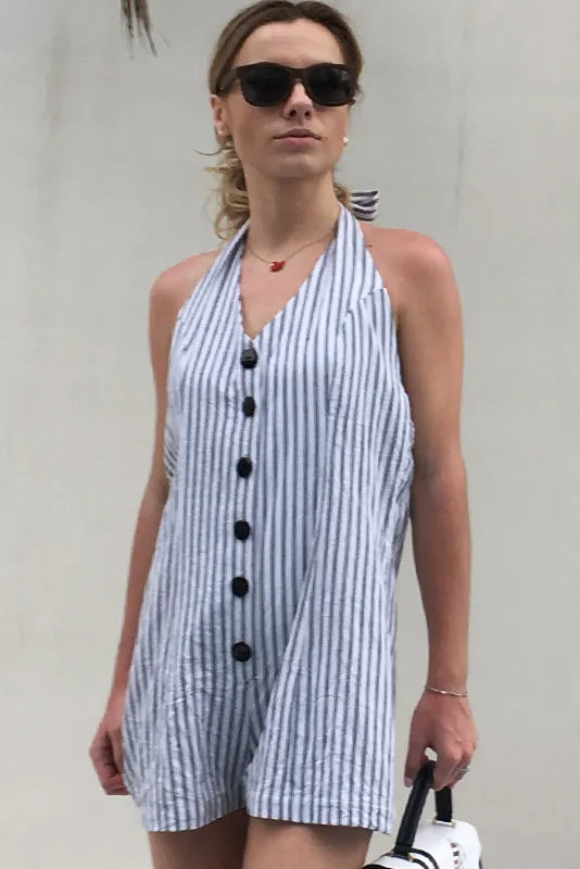 Halter Striped V-neck Backless Single Breasted Romper