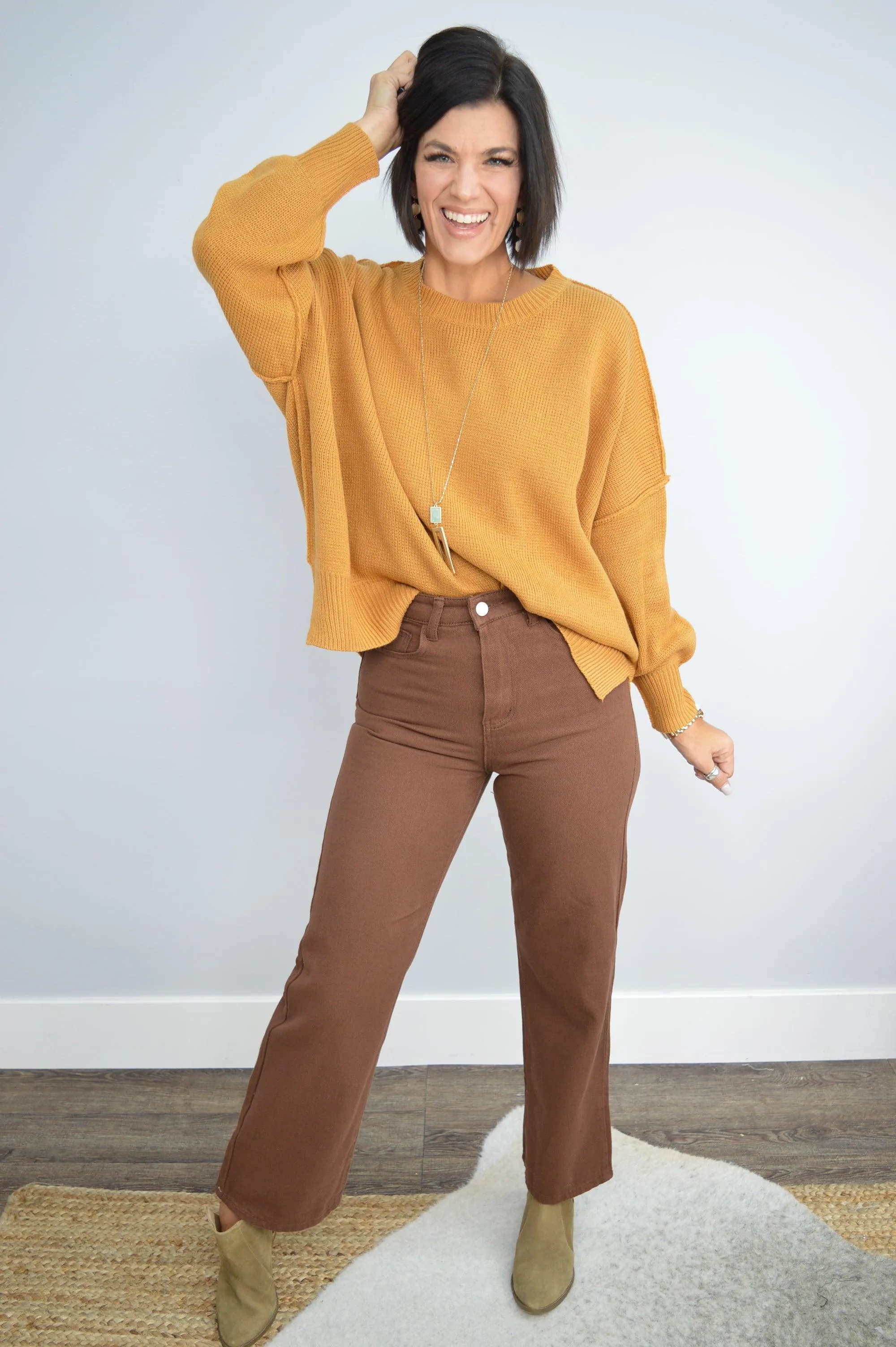 Hazel Blues® | Exposed Seam Dropped Shoulder Slit Sweater