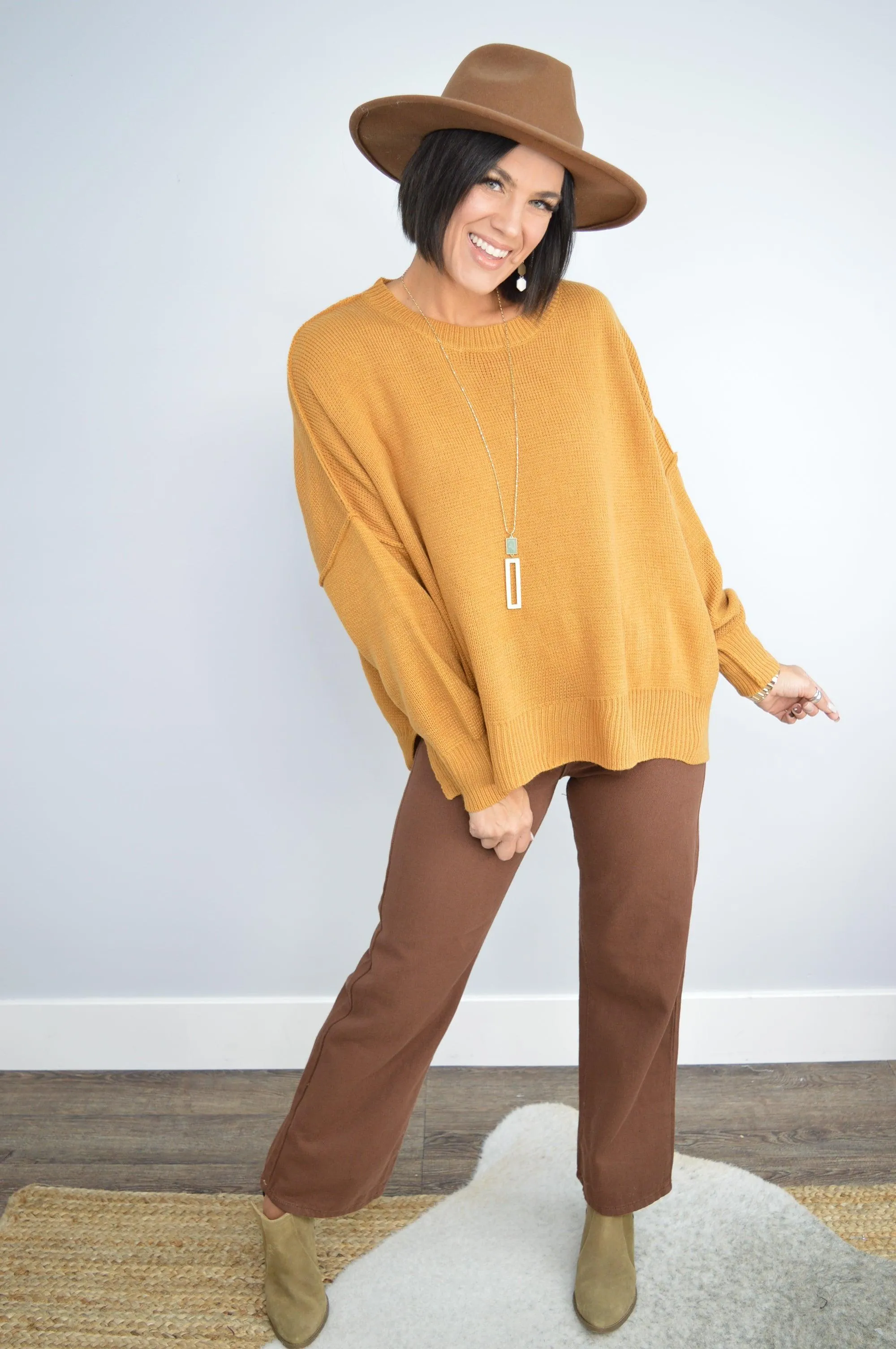 Hazel Blues® | Exposed Seam Dropped Shoulder Slit Sweater