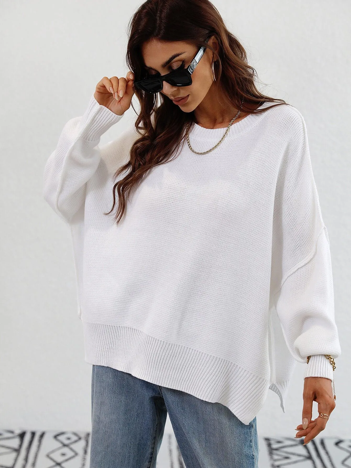 Hazel Blues® | Exposed Seam Dropped Shoulder Slit Sweater