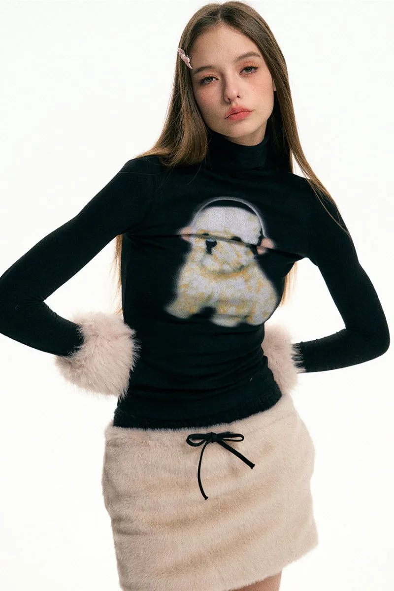High Neck Plush Cuffs Top / Fur Skirt