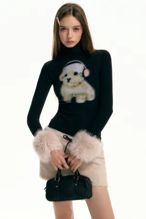 High Neck Plush Cuffs Top / Fur Skirt