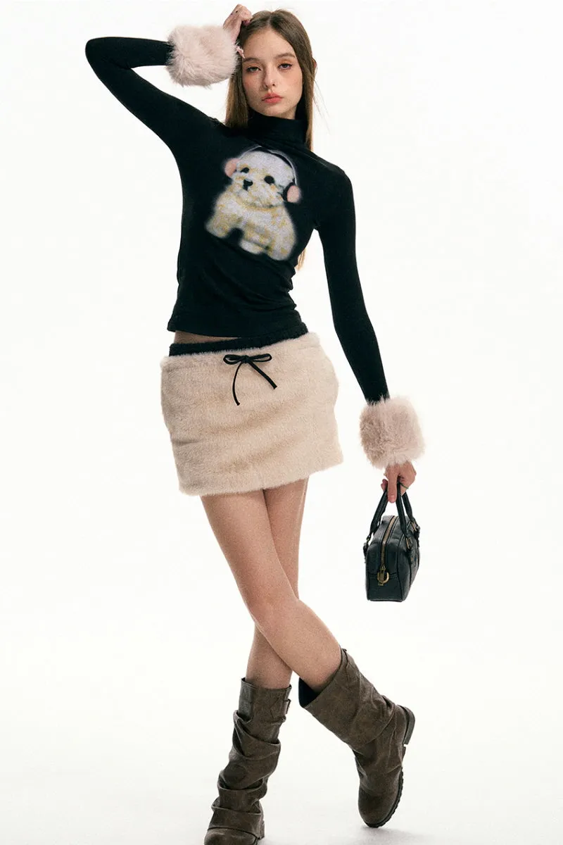 High Neck Plush Cuffs Top / Fur Skirt