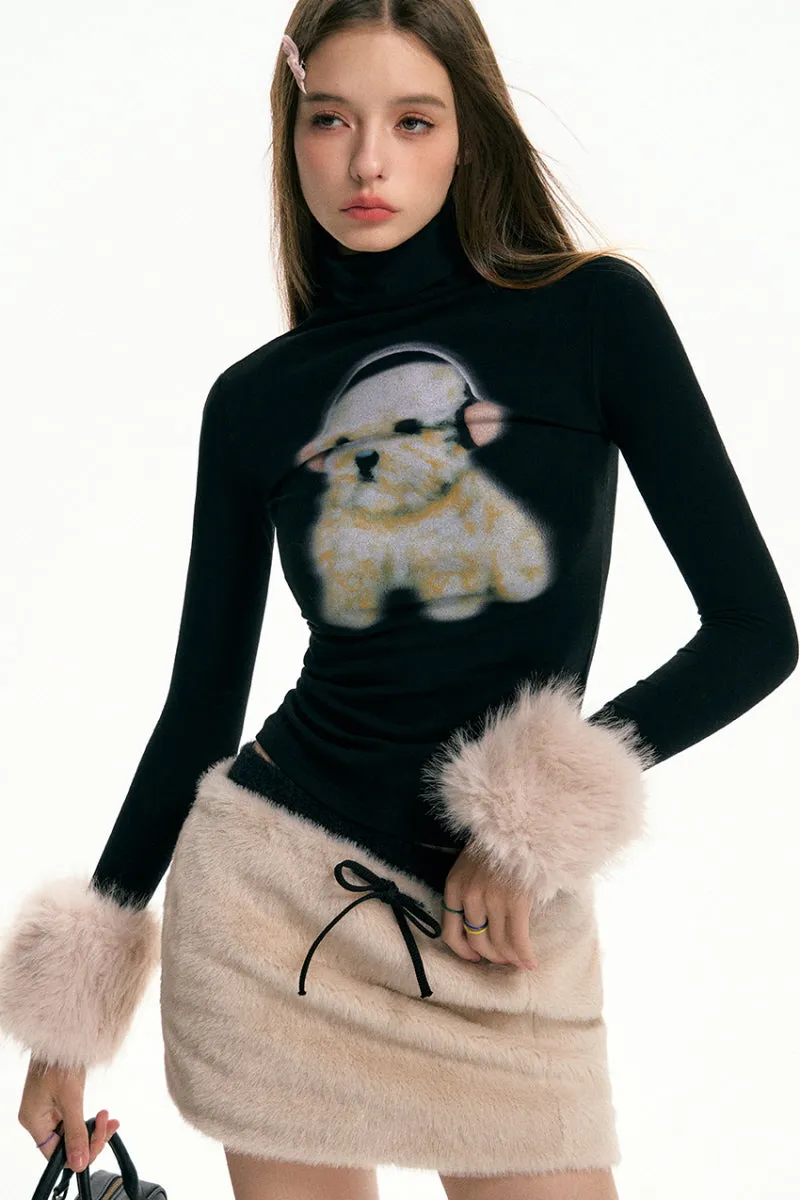 High Neck Plush Cuffs Top / Fur Skirt
