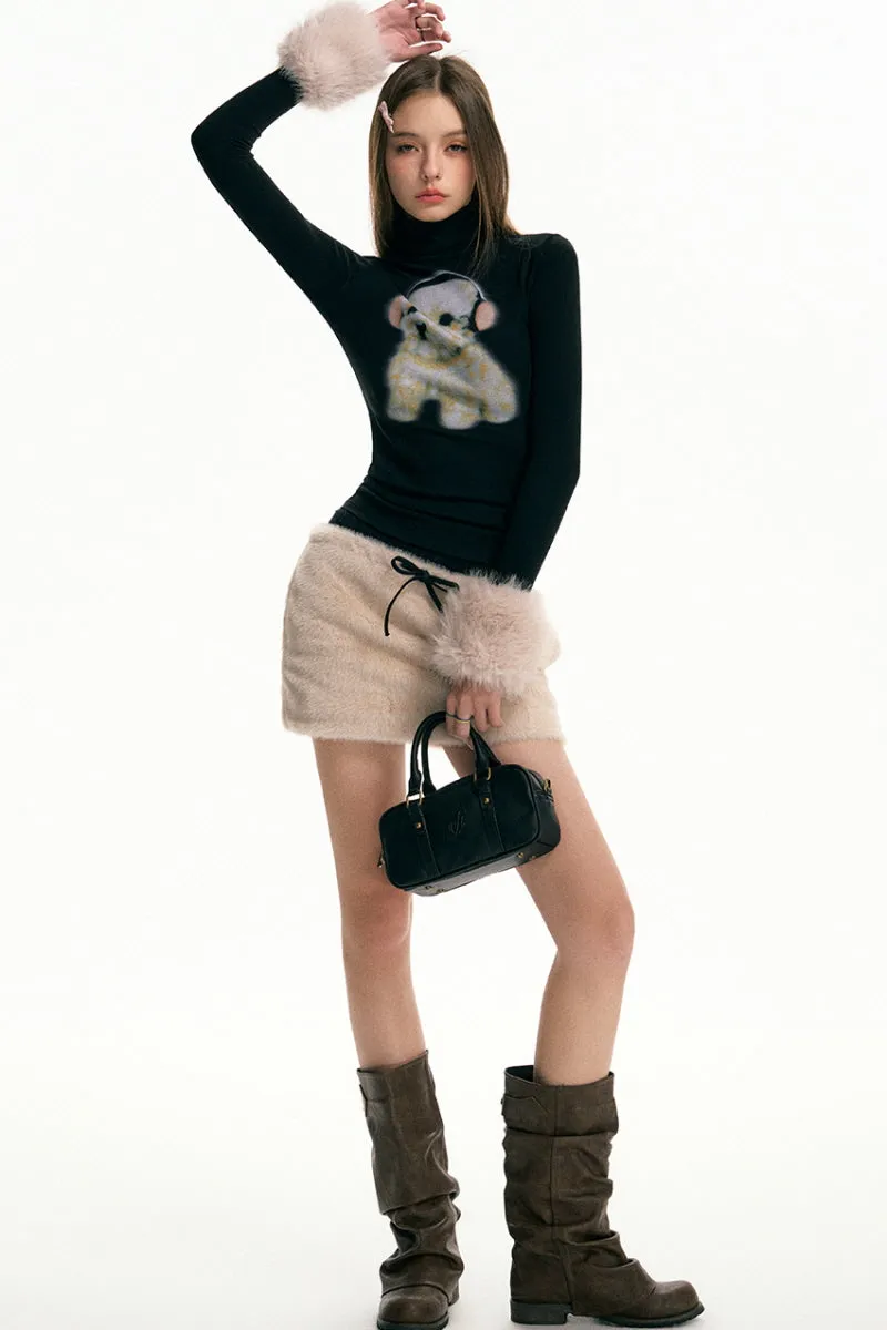 High Neck Plush Cuffs Top / Fur Skirt