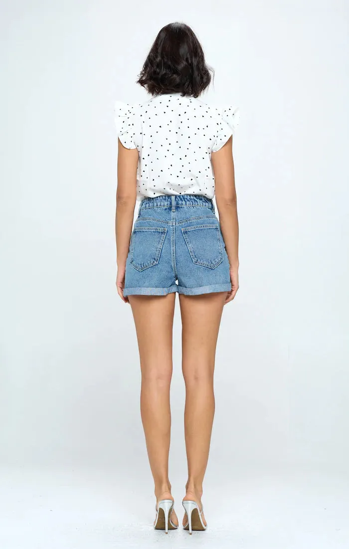 HIGH RISE SOLID HEM DENIM SHORTS