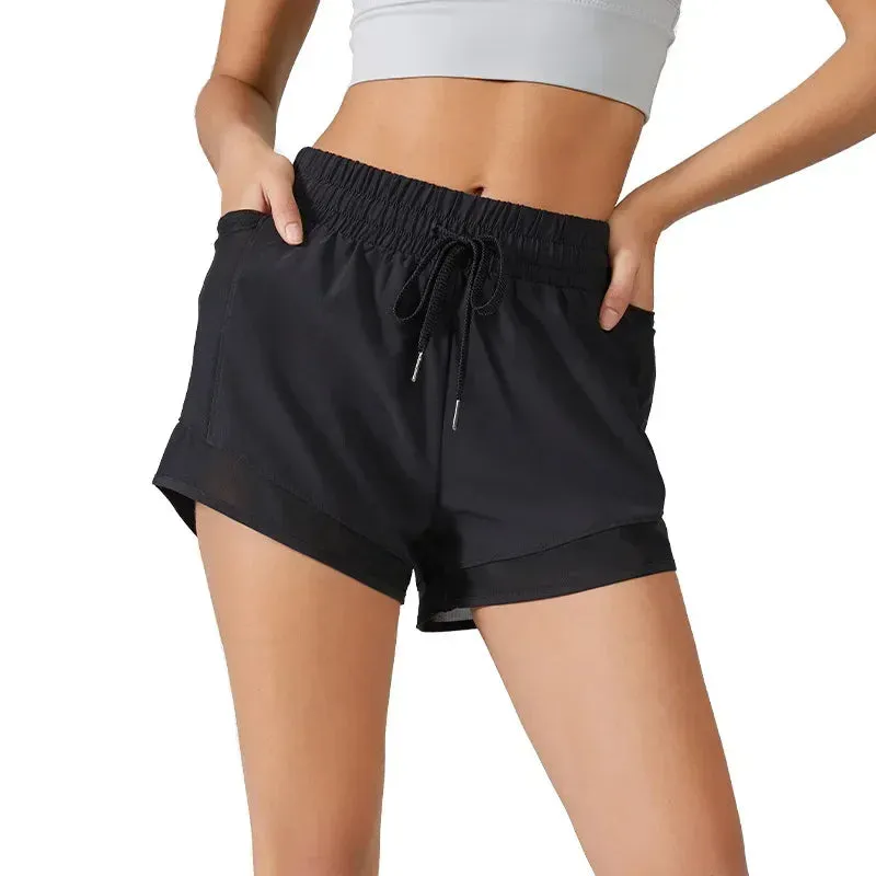 High Waisted Yoga Shorts for Women with Tummy Control - Drawstring Sporty Fitness Running Shorts, Two-piece Design Pants