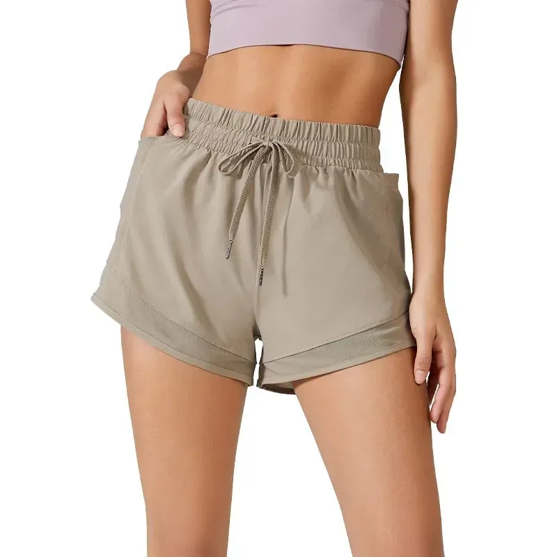 High Waisted Yoga Shorts for Women with Tummy Control - Drawstring Sporty Fitness Running Shorts, Two-piece Design Pants