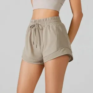 High Waisted Yoga Shorts for Women with Tummy Control - Drawstring Sporty Fitness Running Shorts, Two-piece Design Pants