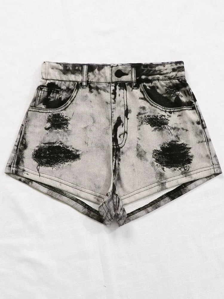 Hole Button Cotton Jean Shorts High Waist Skinny Ripped Denim Short